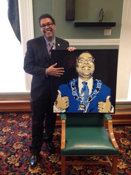 Mayor Nenshi with Lego mosaic portrait by Brickwares